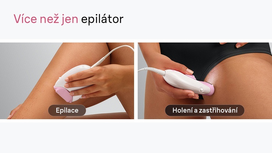 Dva obrázky. Žena si pomocí epilátoru Braun Silk-épil 3 SE3-031 epiluje nohy a na druhém obrázku s ním zas zastřihuje chloupky v bikini partiích.