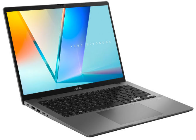 Šedý ASUS Vivobook S14 z levého úhlu s klávesnicí a bočními konektory