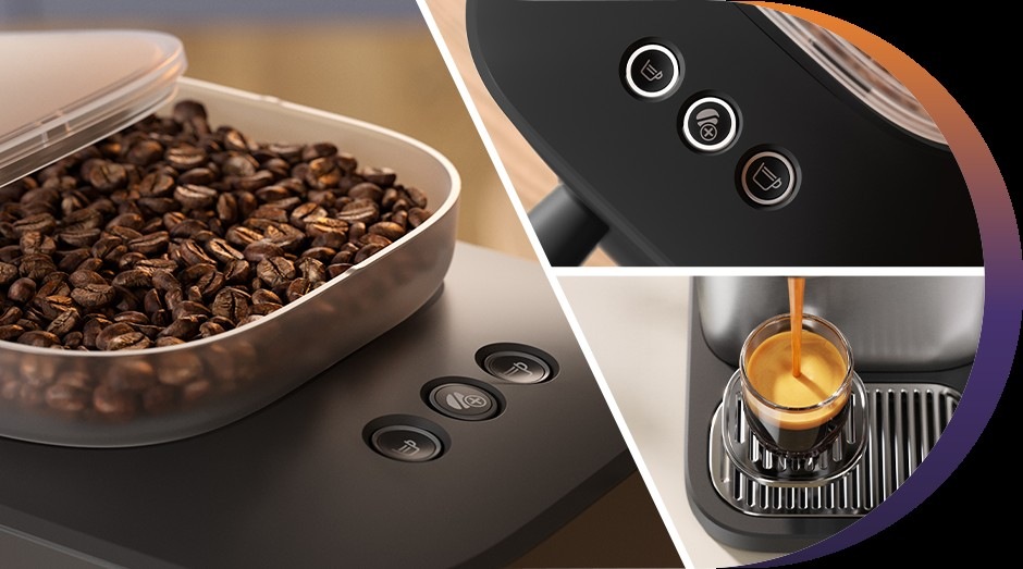 Pákový kávovar Philips BAR300/60 Baristina, kde se do něj sypou zrnka kávy a připravuje káva