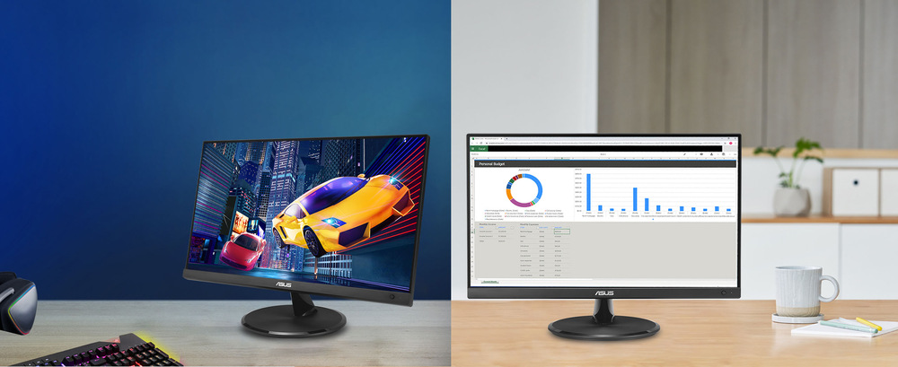 Herní monitor Asus VP227HF černý Prostor se dvěma umístěnými monitory demonstruje dva způsoby použití: vlevo je živá herní scéna s auty na tmavším stole a vpravo finanční přehled s grafy na světlém minimalistickém stole.