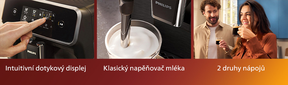 Banner s dotykovým ovládáním, napěňovačem mléka a 2 druhy kávy..