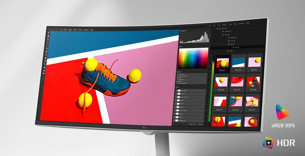 Elegantní zakřivený monitor zobrazuje zářivý editační software s barevným obrázkem modré tenisky a žlutých tenisových míčků. Viditelné jsou i ikony HDR a sRGB 99 %.