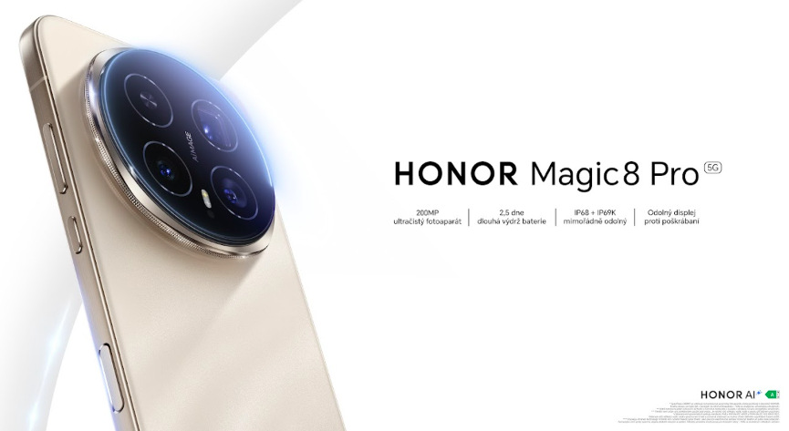 Mobilní telefon HONOR Magic8 Pro s kruhovým modulem fotoaparátu a klíčovými vlastnostmi telefonu