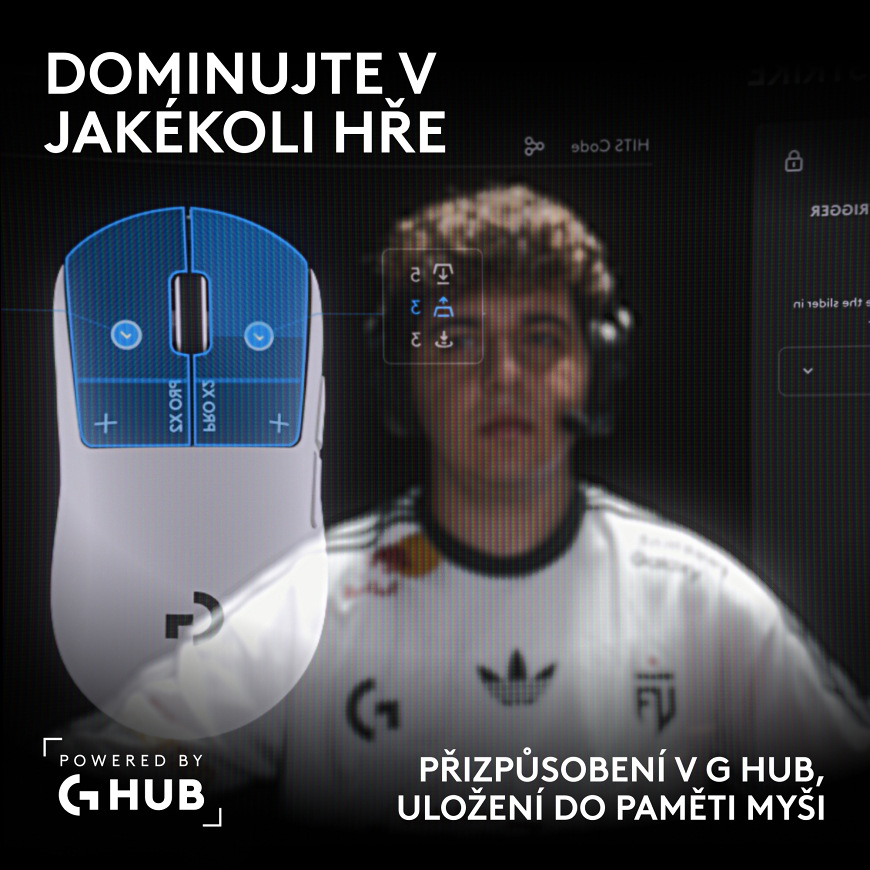 Myš Logitech G PRO X 2 Superstrike bílá Pohled na horní část myši s vyzdvižením možností přizpůsobení tlačítek v aplikaci G HUB a uložením profilu do interní paměti