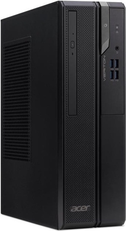 Stolní počítač Acer Veriton X2722G černý Na obrázku je stolní počítač Acer Veriton X2722G i3-14100 v černém provedení z předního šikmého pohledu. Skříň má kompaktní hranatý tvar, perforovaný čelní panel pro proudění vzduchu a velkou větrací mřížku na levém boku. V přední části je svislá optická mechanika a logo Acer. Na pravém ovládacím panelu se nachází tlačítko napájení, 3,5mm audio konektor a čtyři porty USB-A, z nichž dva jsou modře označené. Svislý nápis Veriton doplňuje střídmý kancelářský design počítače.