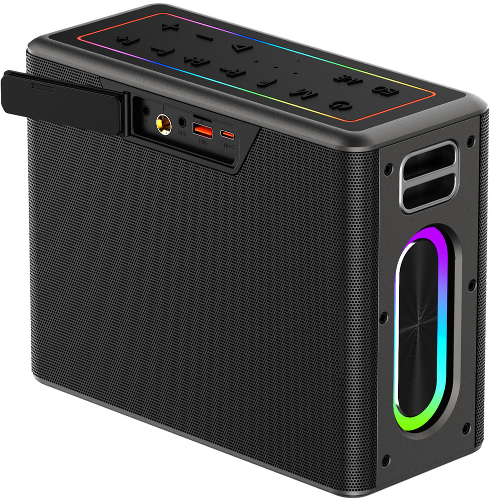 Boční pohled na konektory AUX, USB a Type-C karaoke reproduktoru Akai.