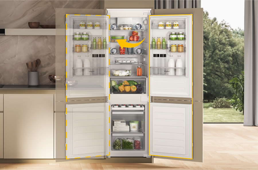 Mraznička Whirlpool WHSD18F083C1 P, šuplíková vestavná, možnost změnit směr otevírání dvířek, chladnička, mrazák, potraviny, kapie, paprika, nápoje