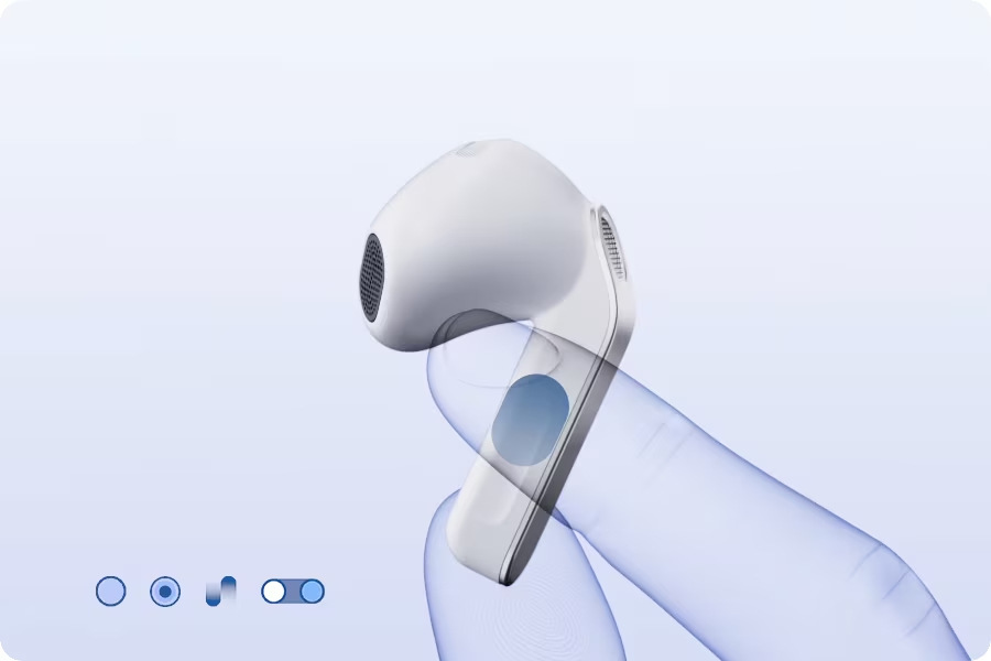 Ilustrace ovládání sluchátek Galaxy Buds4 dotykem prstu