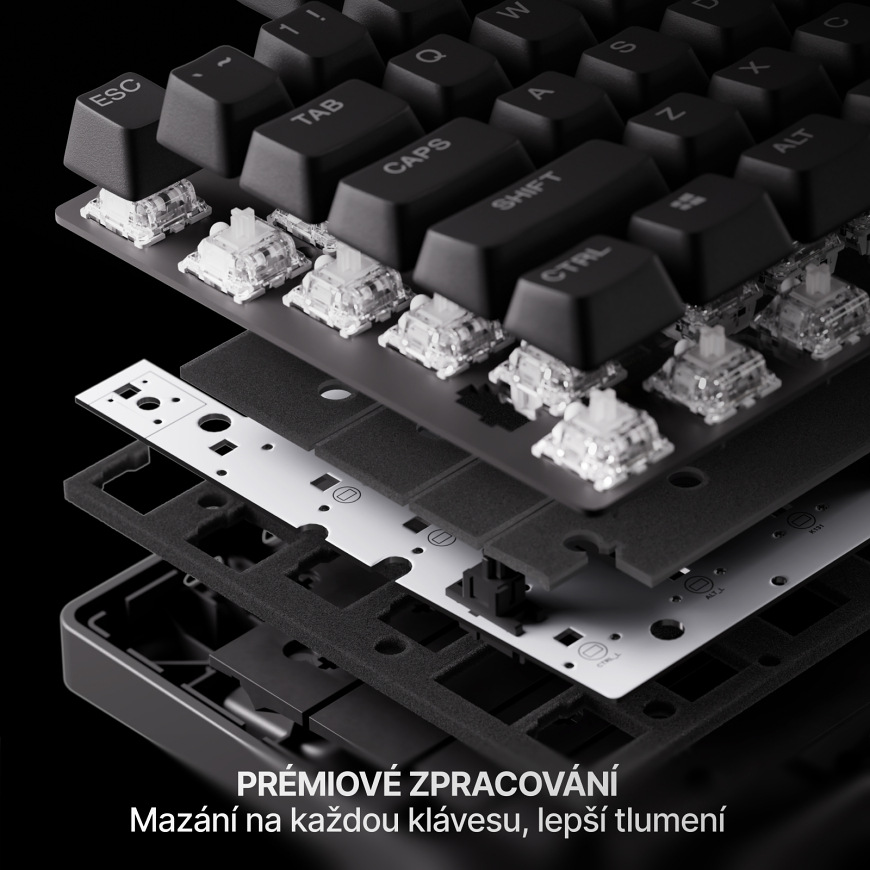 Prémiová konstrukce s předmazanými spínači a tlumicími vrstvami pro tišší a příjemnější psaní