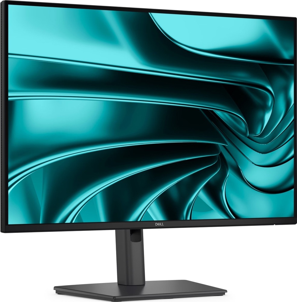 Černý monitor Dell Pro P2426E z předního šikmého pohledu, s tenkými rámečky, středovým stojanem a plochou obdélníkovou základnou.