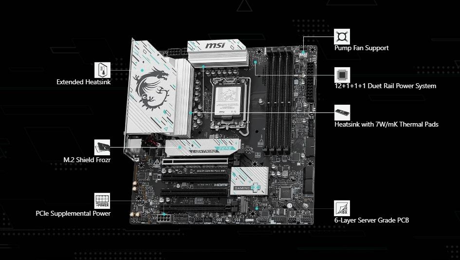 Základní deska MSI B860M GAMING PLUS WIFI Počítačová základní deska s označenými funkcemi: rozšířený chladič, podpora ventilátoru čerpadla a EZ M.2 Shield Frozr.