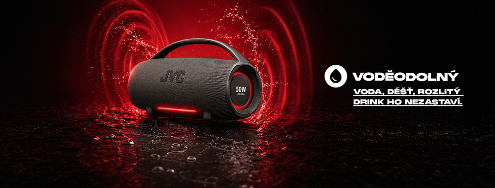 Přenosný reproduktor JVC XS-E524B černý Voděodolný přenosný reproduktor JVC na mokrém povrchu se stříkající vodou a červeným podsvícením. Text: Voděodolný – voda, déšť, rozlitý drink ho nezastaví.