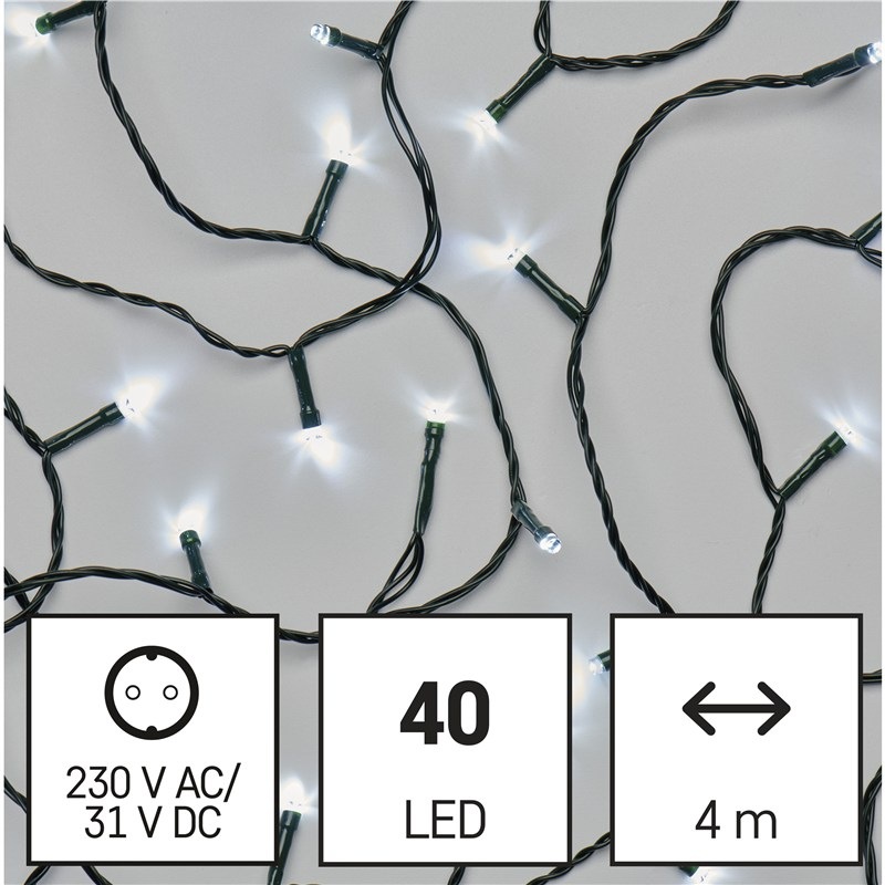 LED řetěz EMOS 40LED řetěz, 4 m, venkovní i vnitřní, studená bílá, programy, časovač