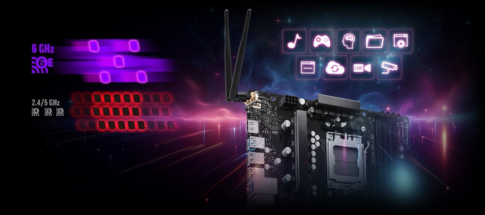 Základní deska ASRock A620AM PRO-A WIFI černá Futuristická základní deska počítače se zářícími ikonami pro hudbu, hry a média. Antény připomínající bezdrátové připojení na pozadí kosmického pozadí.