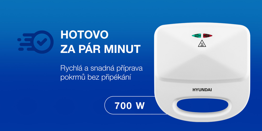 Sendvičovač Hyundai SM629 bílý Bílý sendvičovač Hyundai SM 629 s příkonem 700 W na modrém pozadí s textem „Hotovo za pár minut – rychlá a snadná příprava pokrmů bez připékání