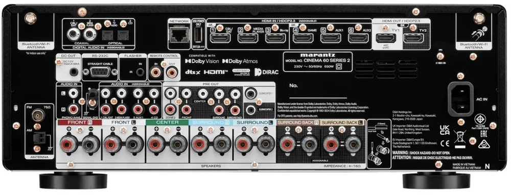 Zadní panel AV receiveru Marantz Cinema 60 DAB S2 s konektory a reproduktorovými výstupy