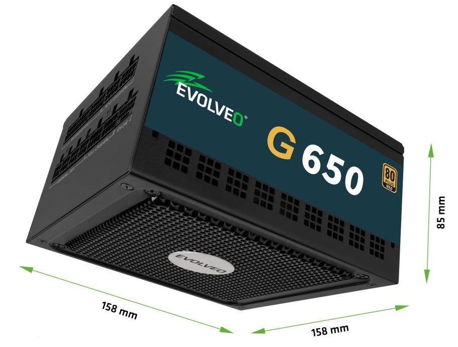 Zdroj Evolveo G750 Black 750W 80+ Gold, ATX 3.1 černý Zdroj Evolveo G650 650W 80+ Gold, ATX 3.1 s rozměry 158 × 158 mm