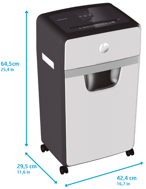 Rozměry skartovače HP OneShred 24CC 64,5 × 42,4 × 29,5 cm s kolečky pro přesun v kanceláři