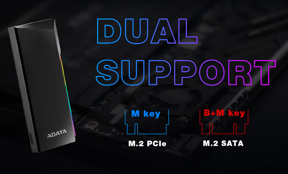 Externí rámeček ADATA EC700G M.2, USB-C 3.2 Gen 2, RGB černý Externí rámeček ADATA EC700G M.2, USB-C 3.2 Gen 2, RGB je kompatibilní s různými SSD