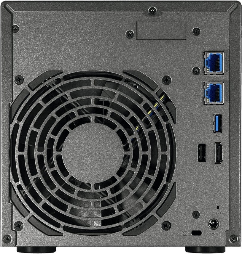 Datové úložiště (NAS) Asustor Lockerstor 4 Gen2+ AS6704T v2 černé Zadní strana černého NAS Asustor Lockerstor. Vlevo dominuje velký kruhový ventilátor, vpravo jsou dva modré LAN porty, USB porty, HDMI, servisní otvor a napájecí konektor.