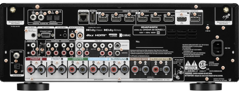 Zadní panel AV receiveru Marantz Cinema 60 DAB S2 s konektory a reproduktorovými výstupy