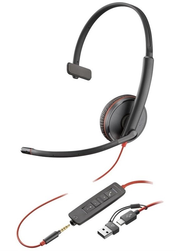Headset HP Poly Blackwire 3215, 3,5 mm jack + USB-C/A adaptér, mono černý