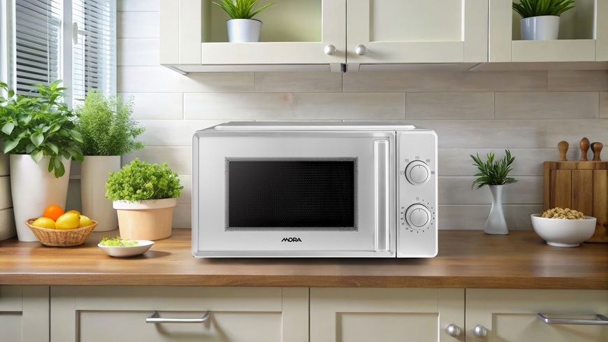 Na obrázku je mikrovlnná trouba Mora MT122S, umístěná na kuchyňské lince
