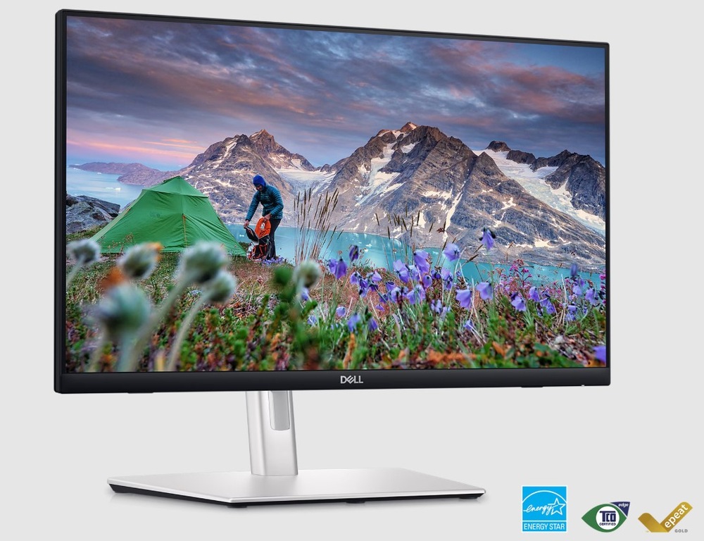Monitor Dell P2424HT černý/stříbrný Zapnutý monitor Dell P2424HT 24" na kterém je muž stanující v horách
