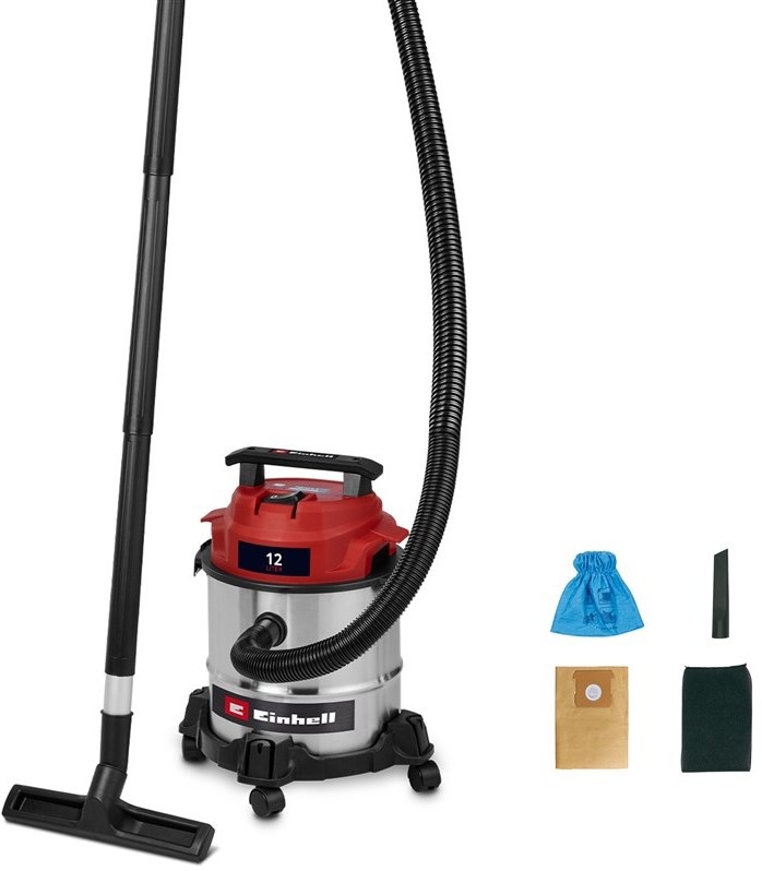 Průmyslový mokro-suchý vysavač Einhell TC-VC 1240 S v červeném a nerezovém provedení s hadicí a podlahovou hubicí
