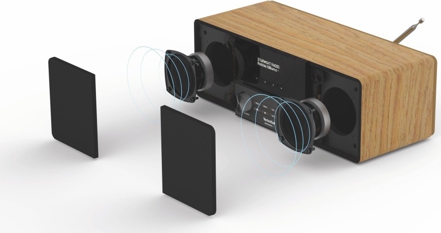 Radiopřijímač DAB+/CD TechniSat DIGITRADIO 3 ASA hnědý Ilustrace radiopřijímače TechniSat s odkrytým čelním panelem a dvojicí vnitřních reproduktorů. Modré kružnice znázorňují šíření stereofonního zvuku.