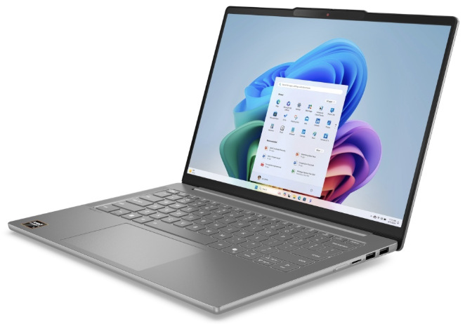 Notebook Lenovo IdeaPad Slim 5 14AKP10 šedý Lenovo IdeaPad Slim 5 14AKP10 z pravého úhlu s otevřenou nabídkou Windows 11