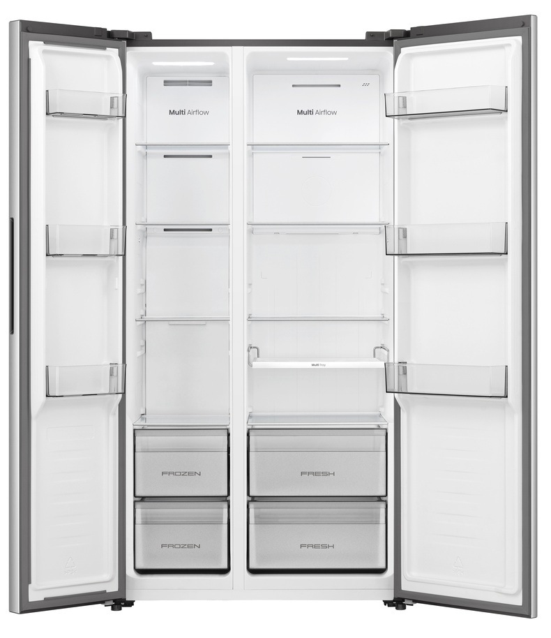 Americká lednice Hisense RS3P558NEID nerez Americká lednice Hisense RS3P558NEID má plně otevřená dvířka. Uvnitř zatím nejsou naskládané potraviny.