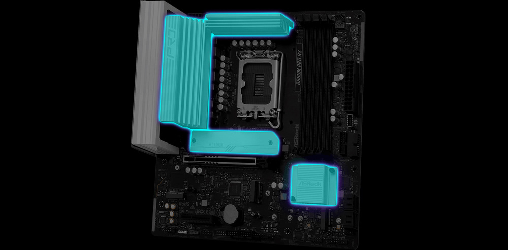 Základní deska ASRock B860M Pro RS Chlazení M.2 slotů brání přehřívání SSD disku a celé sestavy