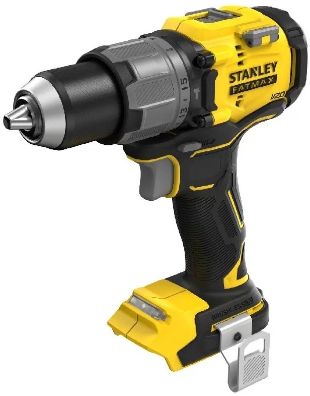 Boční pohled na aku vrtačku Stanley FatMax.