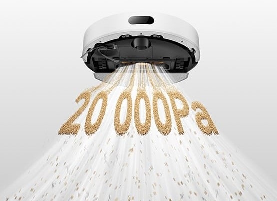 Robotický vysavač se stanicí Dreame F20 Plus znázorňuje, že dokáže nasávat nečistoty s výkonem až 20 000 Pa.