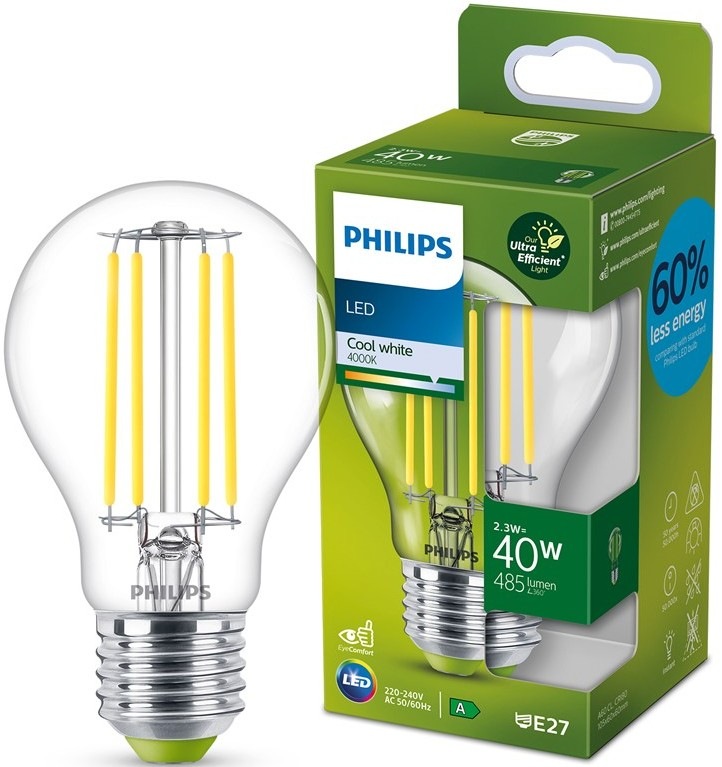 Žárovka LED Philips 40W, filament, A60, E27, neutrální bílá