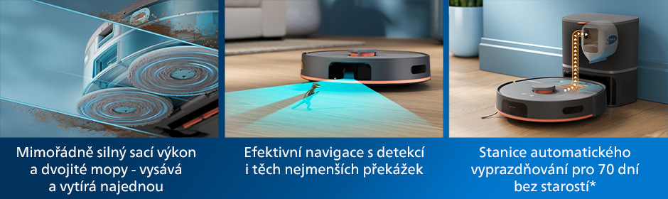 Detailní záběry Robot. vys. se stanicí Philips XU5100/10 5000 Series a jeho vysávání a nabíjení.