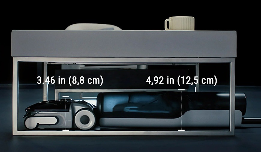 Tyčový vysavač Roborock F25 ACE Combo černý Ukázka nízkého profilu tyčového vysavače umožňujícího úklid pod nábytkem s přesně vyznačenými rozměry pro snadný dosah do těžko přístupných míst.