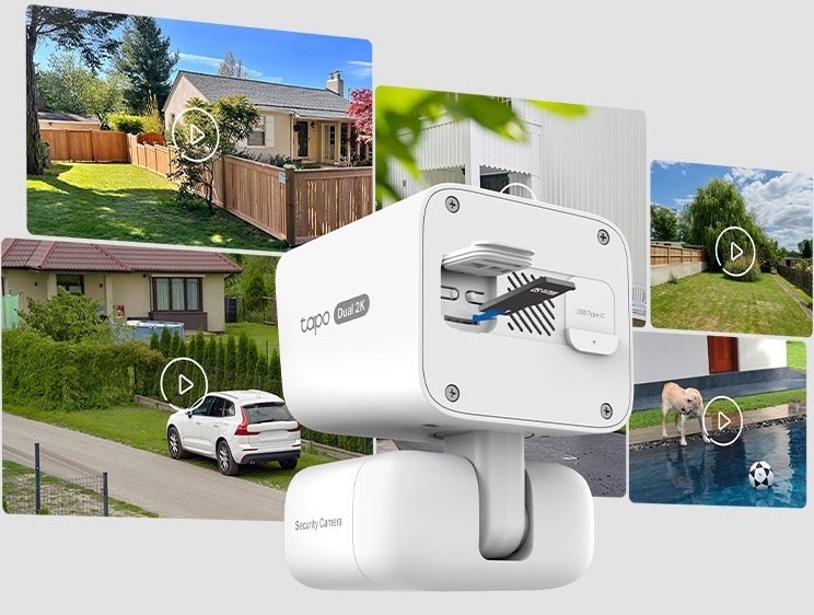 IP kamera TP-Link Tapo C645D Dual-Lens Solar KIT bílá Ilustrační obrázek bílé kamery TP-Link Tapo z bočního pohledu. Kolem kamery jsou malé náhledy záznamů ze zahrady, příjezdové cesty, domu a bazénu, které ukazují různé možnosti venkovního dohledu.