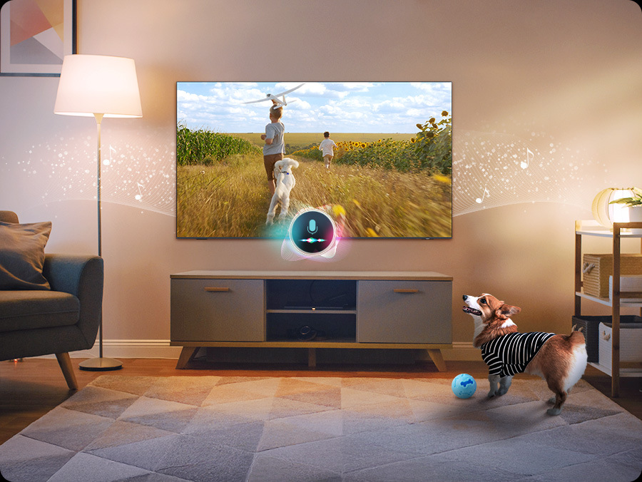 Televize Samsung QE85QN90F Pes v obývacím pokoji u televize - funkce detekce psího štěkání televize Samsung