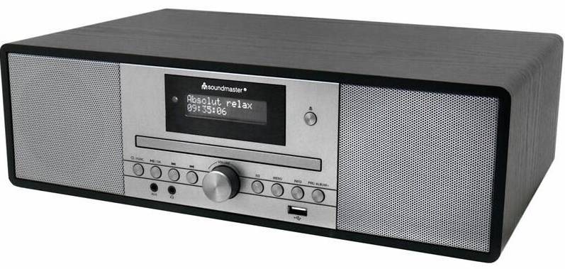 radiopřijímač Soundmaster DAB980SW v černém provedení, přední pohled s LCD displejem, CD mechanikou, ovládacími tlačítky a stereo reproduktory
