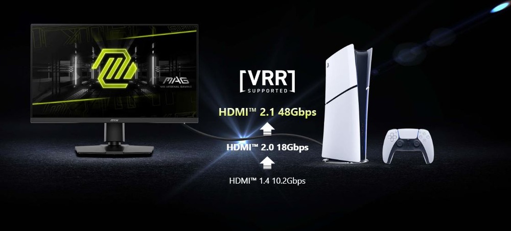 Herní monitor je připojen k herní konzoli s ovladačem vedle ní. Text „VRR Supported“ značí kompatibilitu na herních zařízeních.