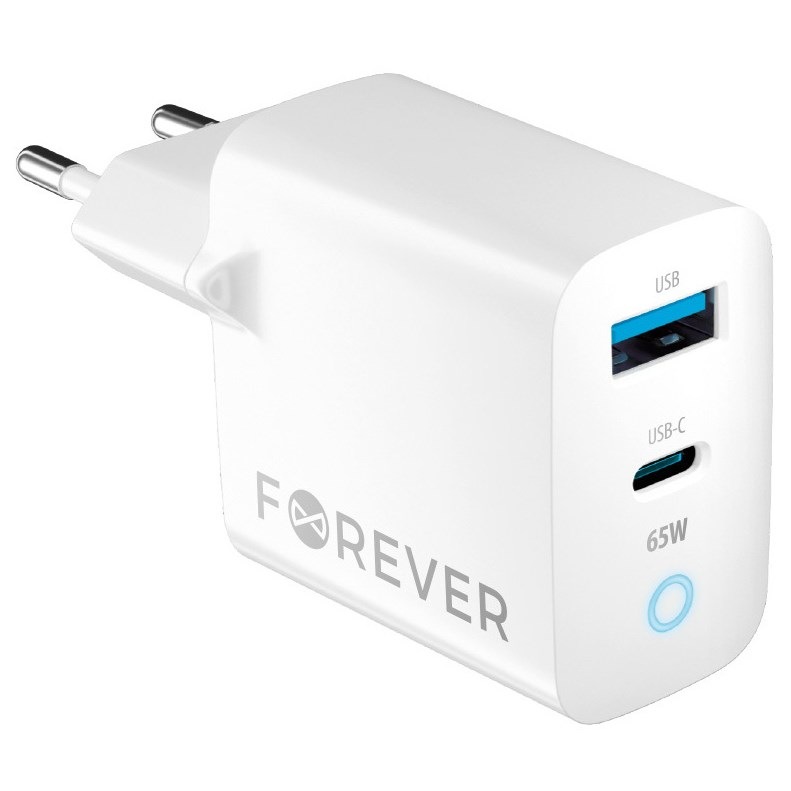 Nabíječka do sítě Forever GaN TC-06-65AC PD QC 1x USB-C, 1x USB, 65W bílá