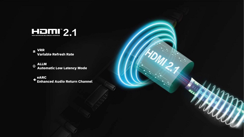Televize Haier H50S80FUX hdmi 2.1 kabel, neonové kruhy naznačují rychlost přenosu