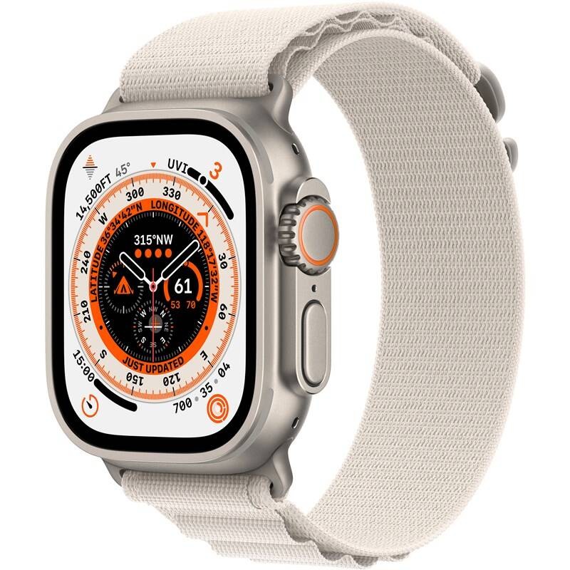Chytré hodinky Apple Watch Ultra GPS + Cellular, 49mm pouzdro z titanu - hvězdně bílý alpský tah - M