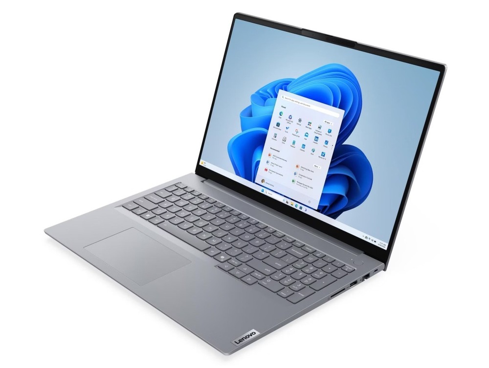 Notebook Lenovo ThinkBook 16 G9 IRL šedý Otevřený a zapnutý notebook Lenovo ThinkBook 16 G9 otočený doleva