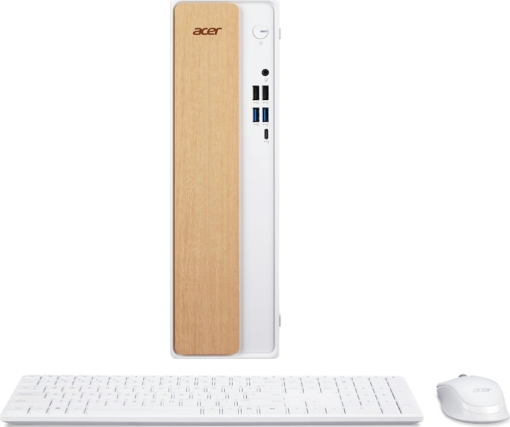 Stolní počítač Acer Aspire XC-102 bílý/hnědý Bílý počítač Acer Aspire XC-102 s čelním panelem v dekoru světlého dřeva. Před skříní je položena bílá bezdrátová klávesnice s numerickou částí a vpravo bílá bezdrátová myš.