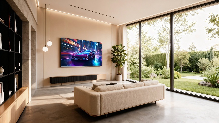 Televize Haier H65Q80FUX zapnutá televize Haier H43Q80FUX visí na stěně v obývacím pokoji