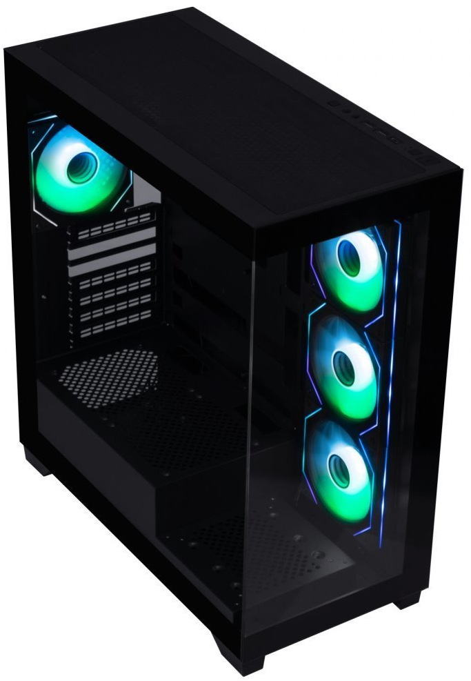Case BitFenix CETO černá Na fotce je černá PC skříň BitFenix CETO/CETO Cube z pohledu přes levý přední bok. Skříň má „panoramatické“ prosklení – průhledné čelo a levá bočnice z tvrzeného skla, takže je vidět dovnitř. ARGB ventilátory svítí na pravém boku (vnitřní boční pozice) a jeden je vidět i vzadu, takže podsvícení vytváří výrazný světelný efekt i při pohledu z rohu skříně.