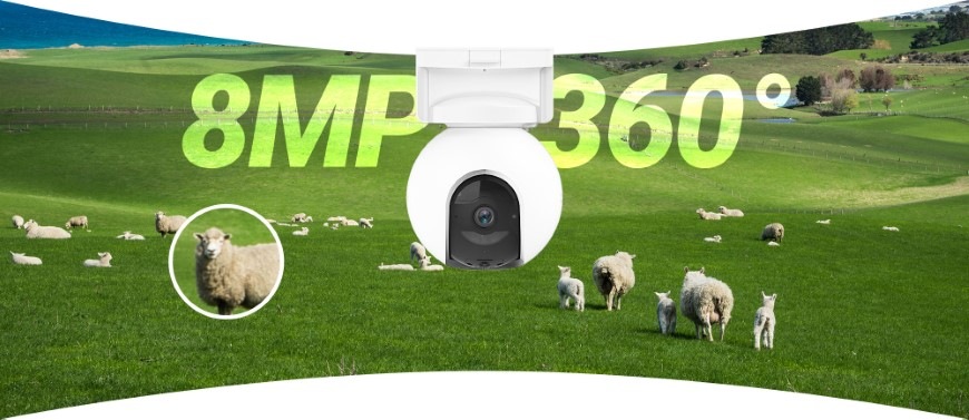 IP kamera EZVIZ PTZ EB8 4K 4G kit bílá Louka s ovcemi a kamera EZVIZ PTZ EB8 4K 4G s vysokým rozlišením